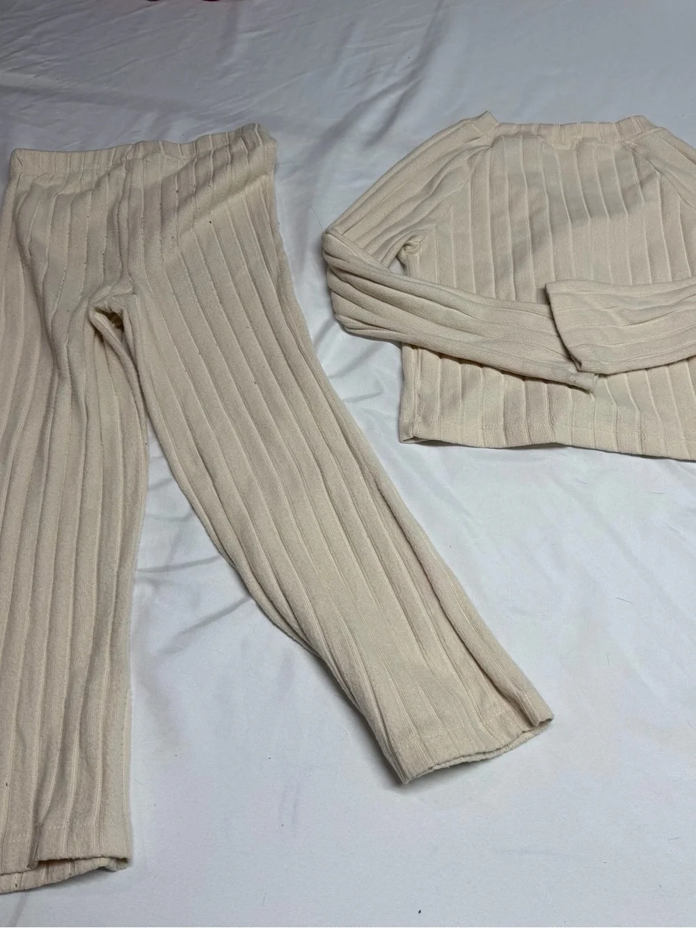 btween Cream Ribbed Flare Pants & Cropped Cardigan with Black Bows